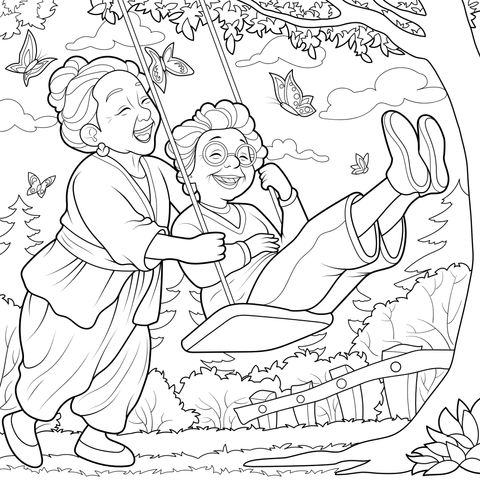 Coloring Page: Two Grandmothers Happily Swinging