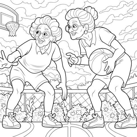 Energetic! Coloring Page of Two Elderly Women Playing Basketball