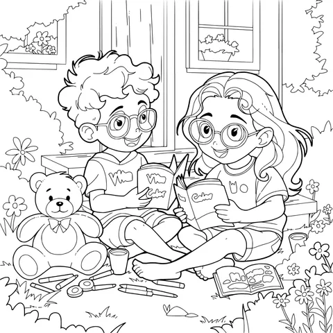 Children Reading Outdoors