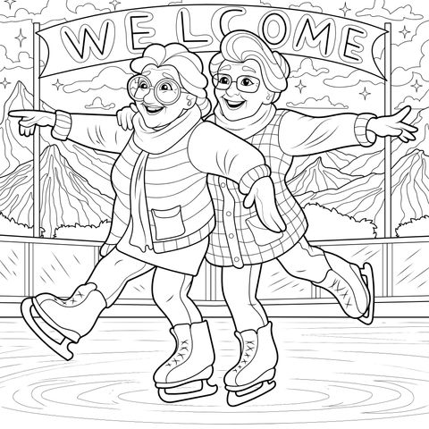 Coloring Page of Two Grandmothers Happily Ice - Skating