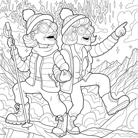 Vibrant Elderly Couple on Outdoor Adventure Coloring Page