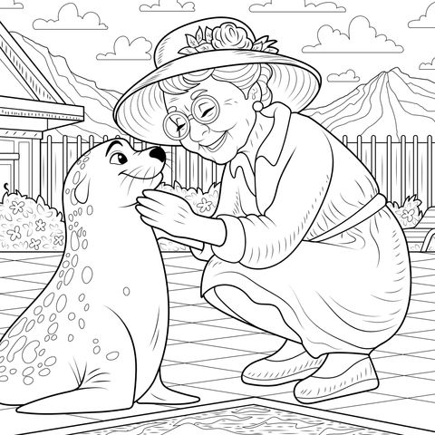 Página de Colorear de una Abuela Mayor Interactuando con una Foca