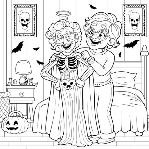 Página de colorir de casal idoso em fantasia de Halloween