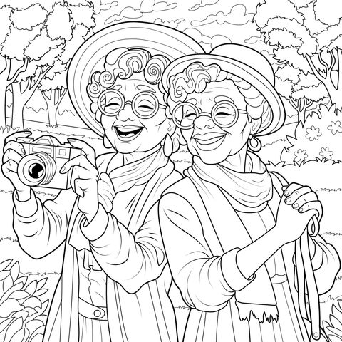 Coloring Page of Two Elderly Ladies Taking Photos Outdoors