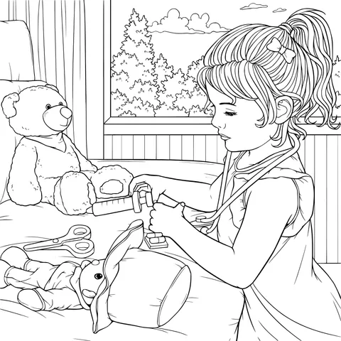 Little girl playing doctor and treating toys