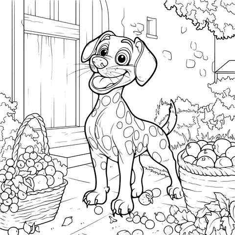A Spotted Dog and Fruits in Front of the Door
