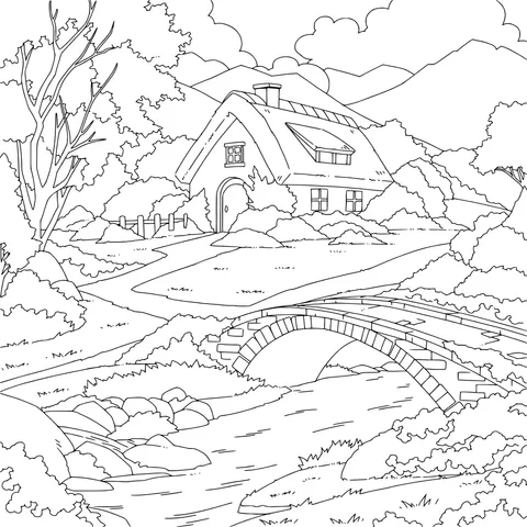 Cottage and Stone Bridge in the Countryside