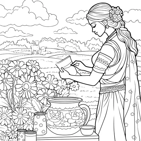 Woman arranging flowers in the countryside
