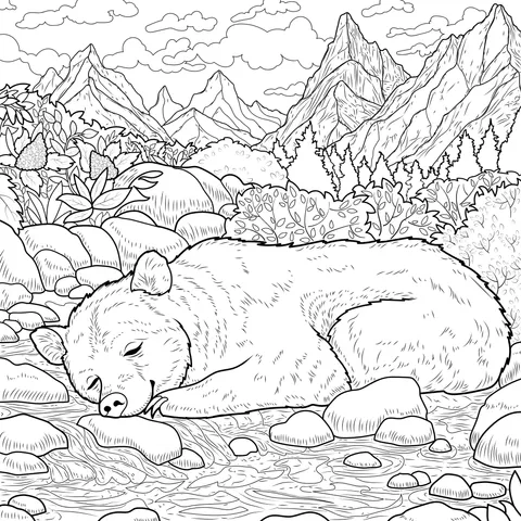 A Brown Bear Sleeping Soundly by the Stream