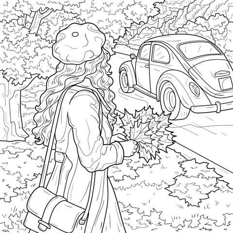 Woman Holding Leaves and Vintage Car in Autumn