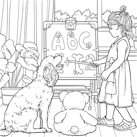 Little girl teaching the dog letters