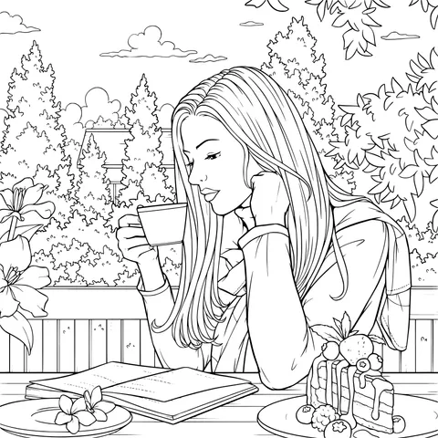 A woman leisurely reading and enjoying refreshments in the garden