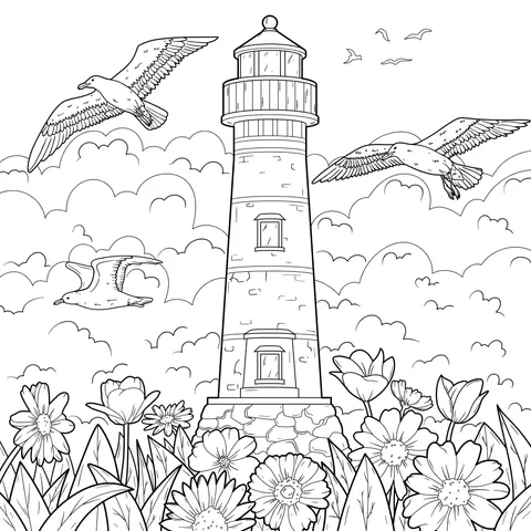 Lighthouse Surrounded by Flowers and Flying Birds