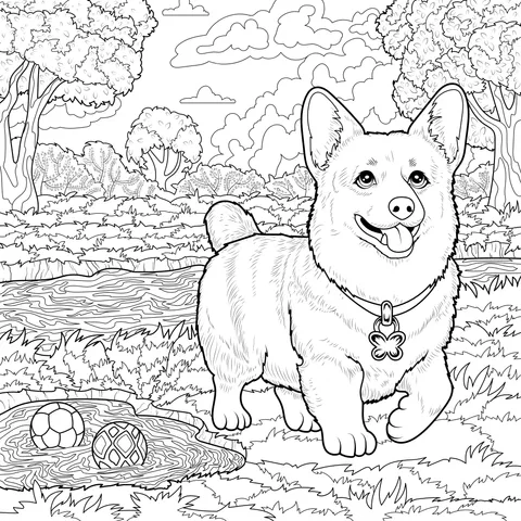 A Corgi Playing by the Stream
