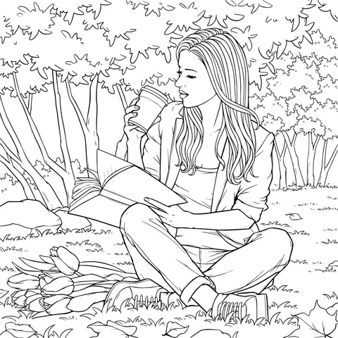 Woman reading and drinking coffee in the park