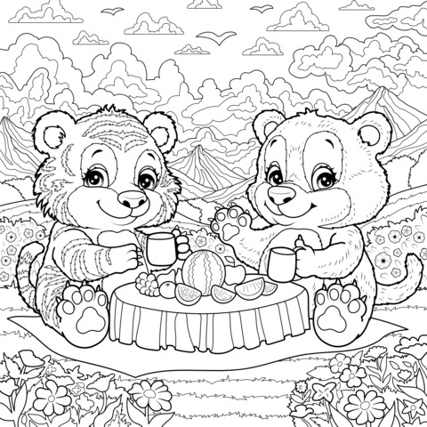 Tiger and Bear Picnic Coloring Page