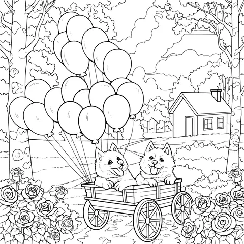 Two Dogs Riding a Balloon - Car in the Garden