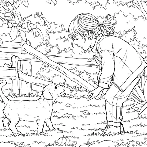 Girl interacting with a puppy outdoors