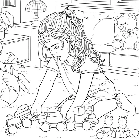 Little girl playing with building - blocks in the living room