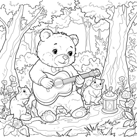 Coloring Page of a Bear Playing Guitar in the Forest