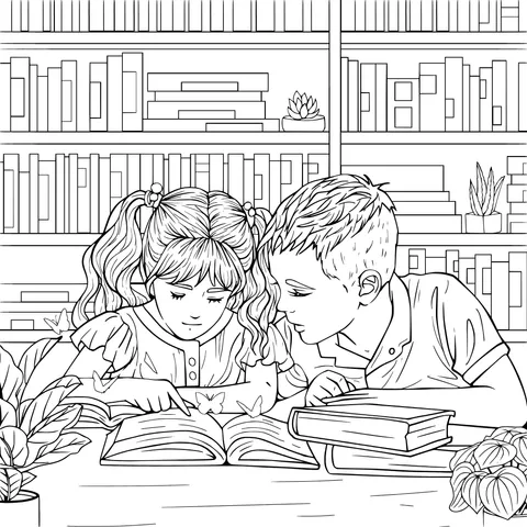Children reading together in the library