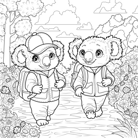 Koala Adventure Coloring Page: Two Adorable Koalas Strolling in the Forest