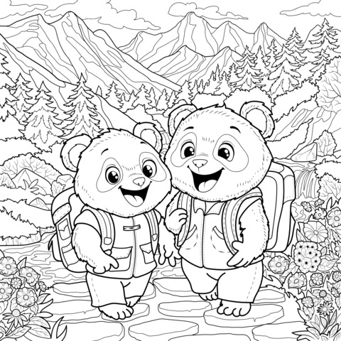 Coloring Page of Two Backpack - Wearing Pandas on an Outdoor Adventure