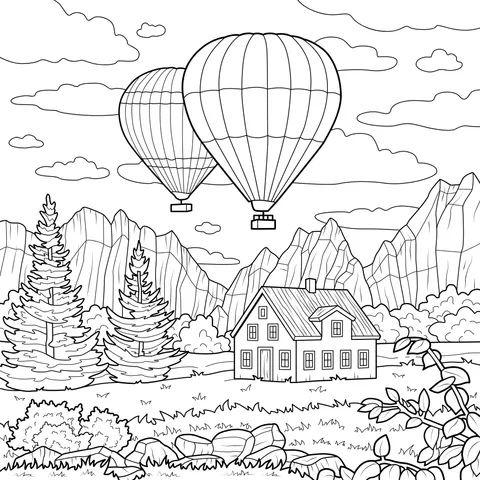 Hot - air Balloons and Cottage in the Mountains
