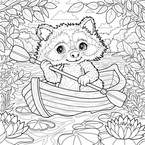 Raccoon Rowing a Boat Coloring Page