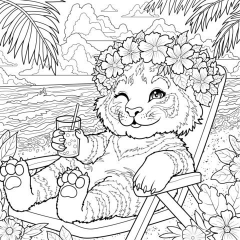 Coloring Page of a Flower - adorned Tiger Relaxing on the Beach