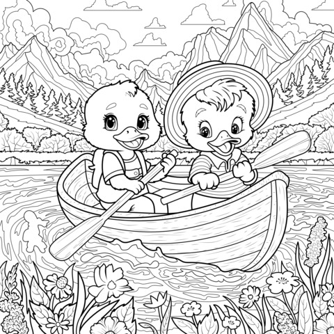 Ducklings Rowing a Boat Coloring Page: Enjoy a Joyful Natural Journey