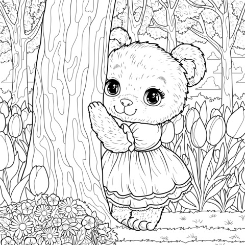 Coloring Page of an Adorable Bear Hiding Behind a Tree