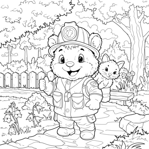 Adventurous Bear Explorer and Kitten Companion Coloring Page