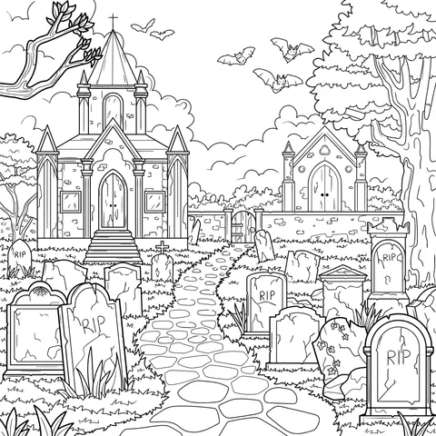 Gloomy Cemetery and Church Scene