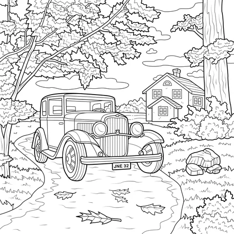 Vintage Car on a Country Road in Autumn