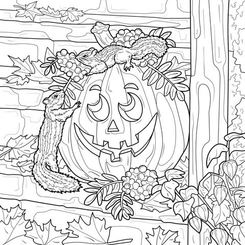 Squirrels and Pumpkin in Autumn Scene