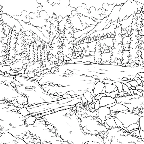Mountain Stream and Wooden Bridge