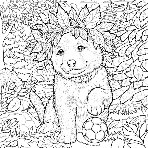 Puppy Wearing an Autumn - leaf Wreath