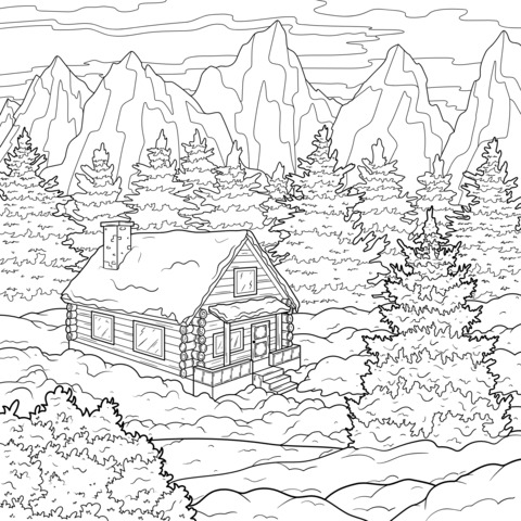 Mountain Cabin Landscape Coloring Page