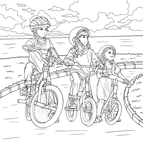 A family cycling by the seaside