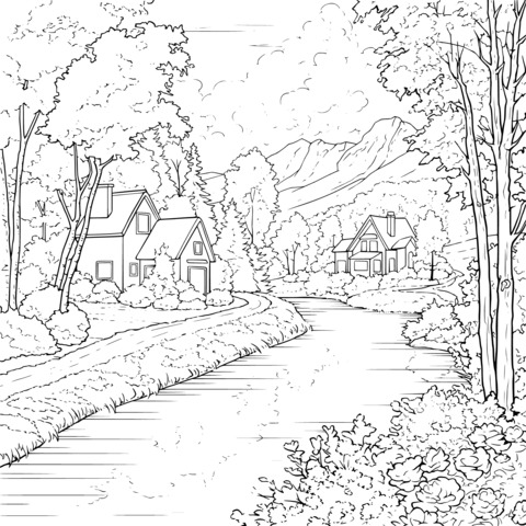 Autumn Rural Landscape Coloring Page