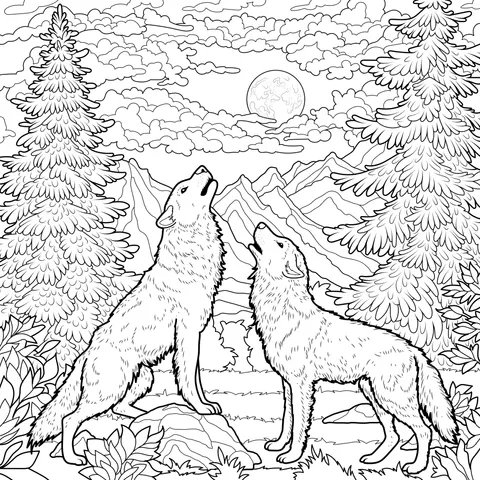 Wolves Howling in Moonlit Night