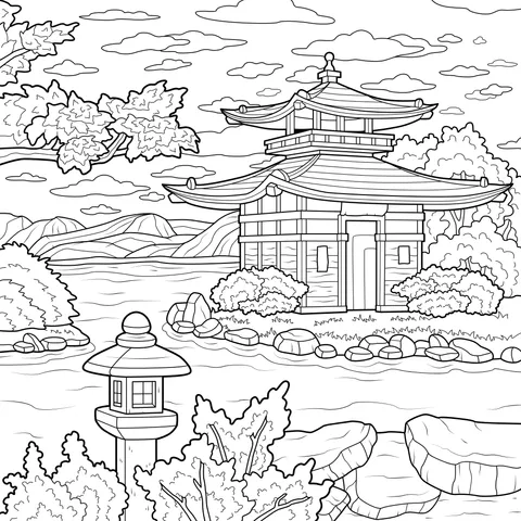 Japanese - style Building by the Lake in Autumn