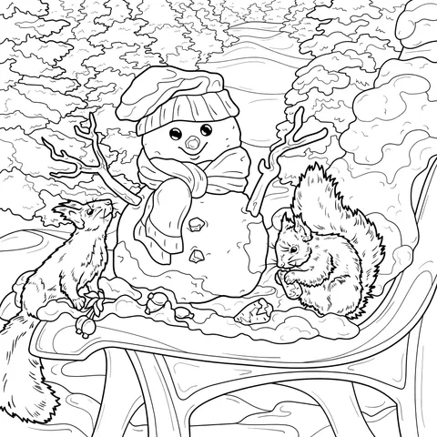 Snowman and Squirrels in Winter