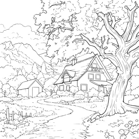 Autumn Rural Scenery Coloring Page