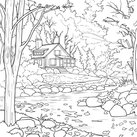 Autumn Streamside Cabin Landscape Coloring Page