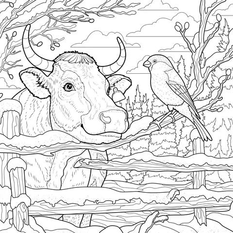 Cow and Bird in Winter