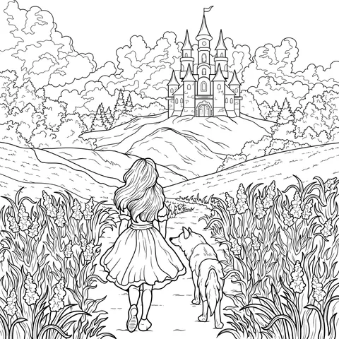 Girl and Dog Heading Towards a Castle