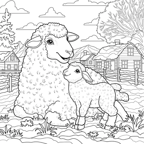 Mother - sheep and lamb in a winter countryside