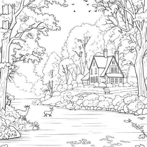 Autumn Forest Cottage Scenery Coloring Page